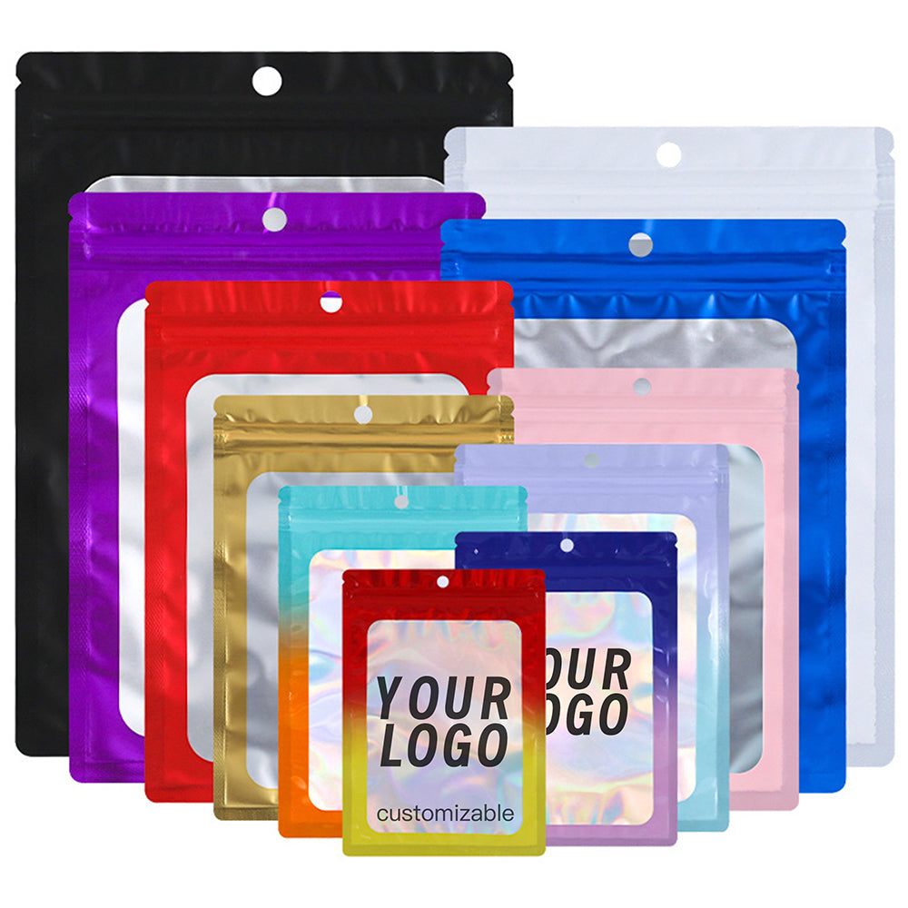 Custom Printed Resealable Window Gift Bags – 50 Pcs, Personalized Logo, Color Back with Clear Front