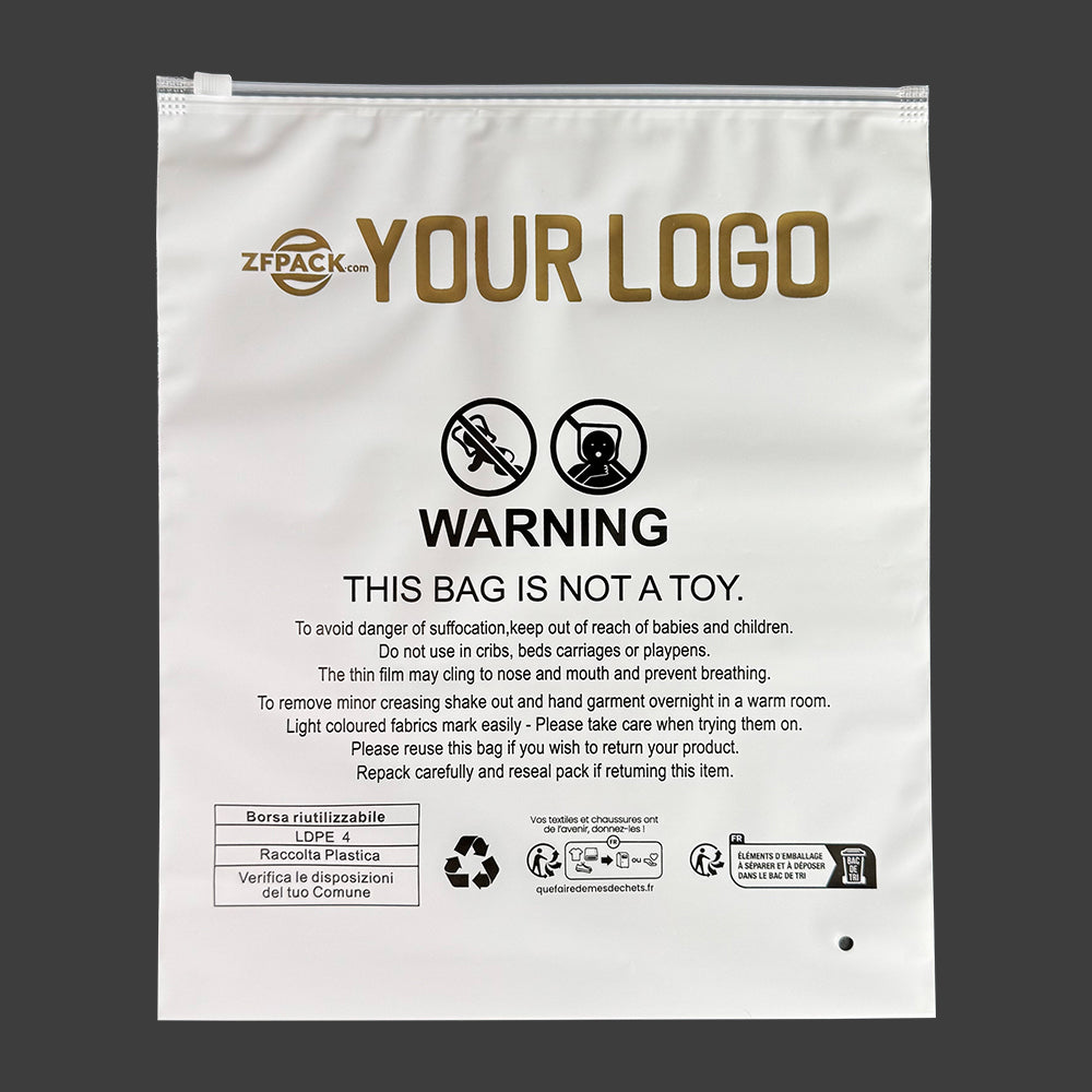 50 pcs Custom Clothing Ziplock Bags with Your Logo, Frosted White Semi-Transparent with Warning Label Instructions