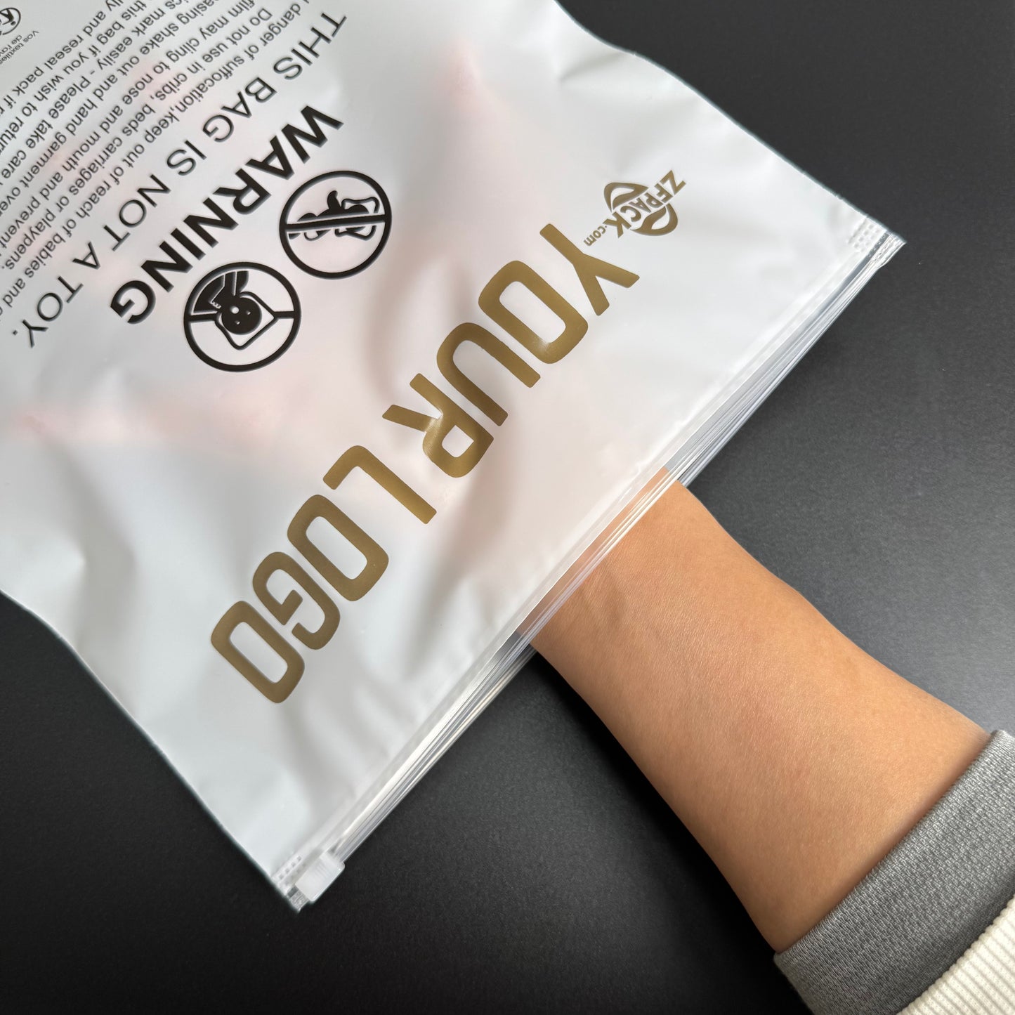 50 pcs Custom Clothing Ziplock Bags with Your Logo, Frosted White Semi-Transparent with Warning Label Instructions